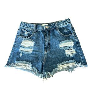 Forever 21 Retro High Rise Denim Short Frayed Hem Distressing five-pocke…